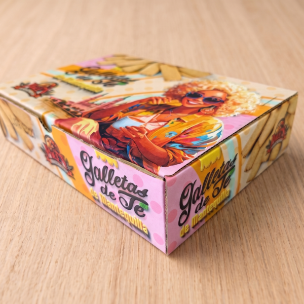Caja ilustrada de galletas de té de mantequilla de Galletas Polen