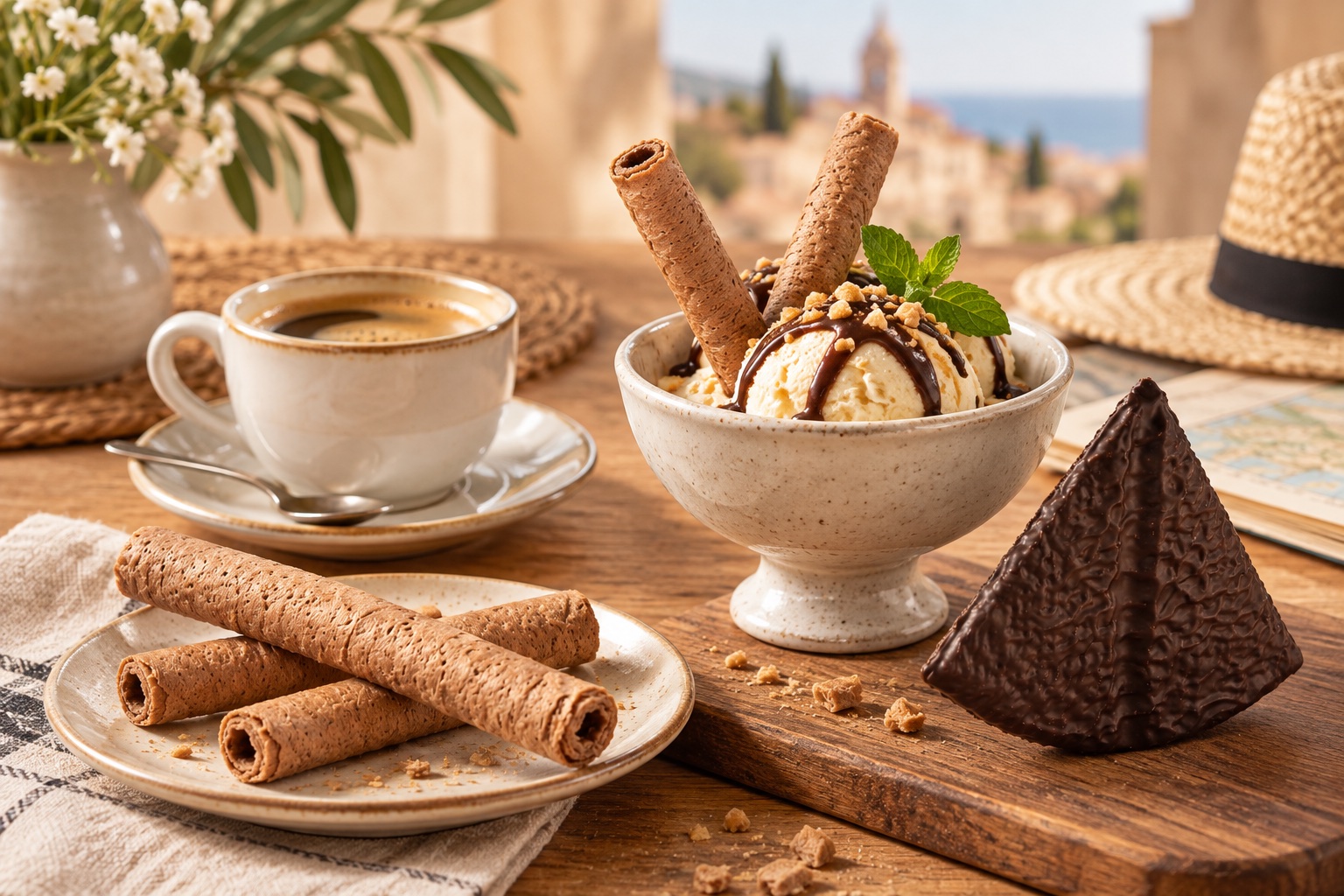 Galletas y barquillos artesanos de Galletas Polen con café y helado
